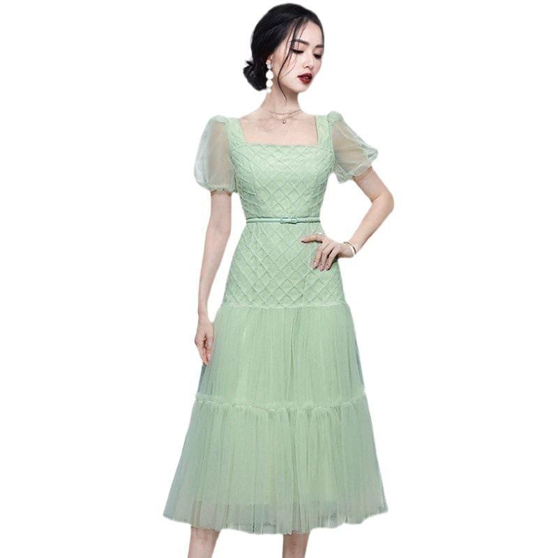 Puff Short-Sleeve Square Neck Plain Sheer Panel Midi A-Line Dress Product Image