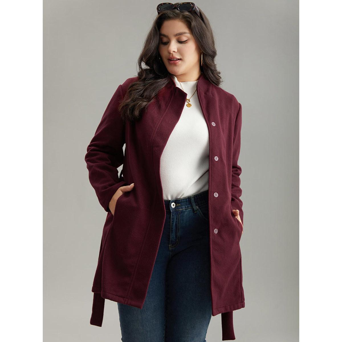 Plus Size Solid Button Fly Stand Collar Belted Pocket Coat Women Burgundy Casual Plain Ladies Everyday Winter Coats BloomChic 18-20/2X Product Image