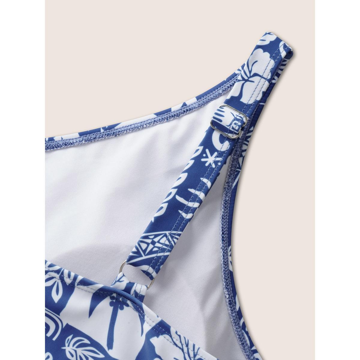 Plus Size Tropical Print Gathered Tie Knot Swim Dress Women's Swimwear Cerulean Beach Bodycon V-neck High stretch Curve Swim Dresses BloomChic 30/6X Product Image