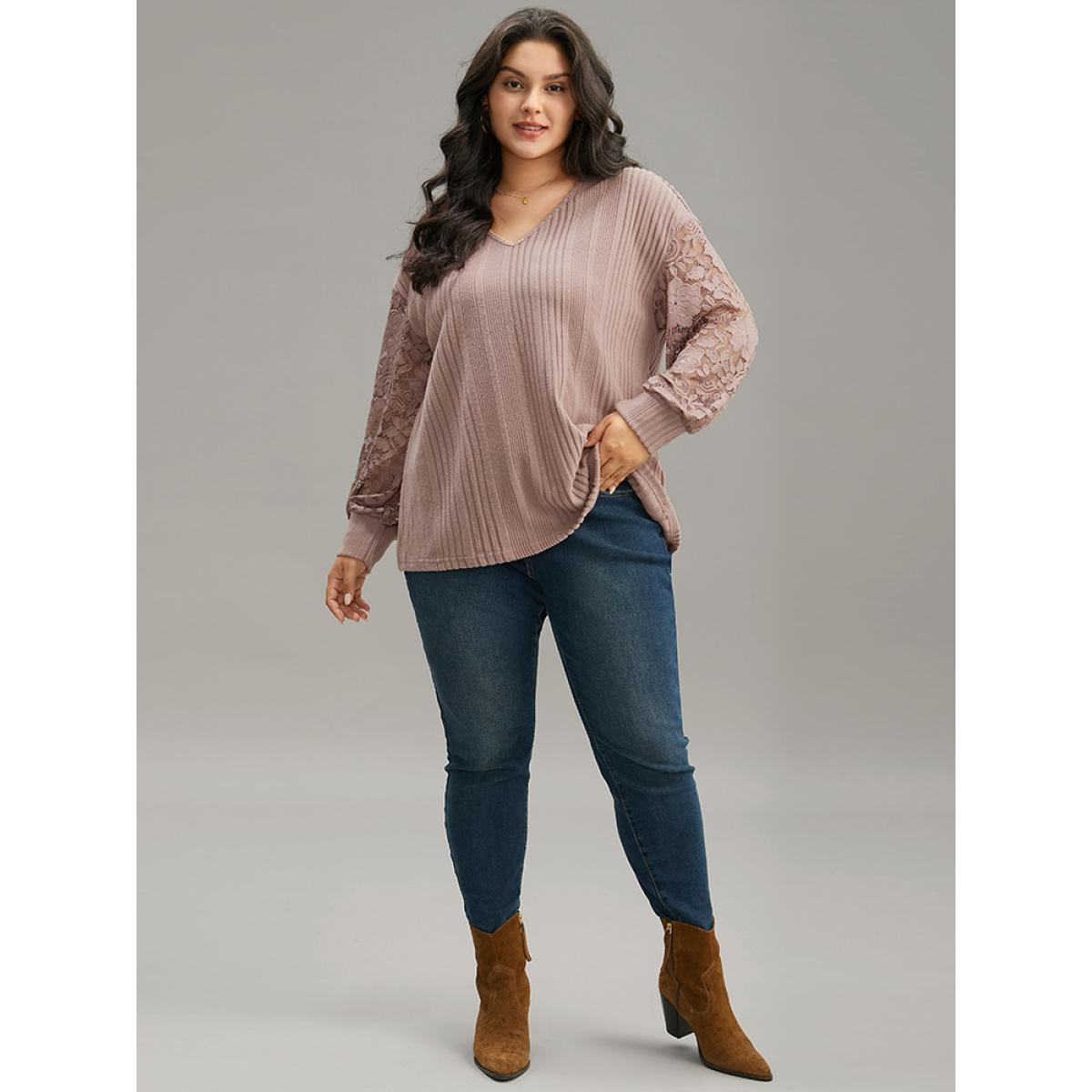 Plus Size Lace Panel V Neck Lantern Sleeve Sweatshirt Women Pink Elegant Elastic cuffs V-neck Dailywear Sweatshirts BloomChic 14-16/1X Product Image