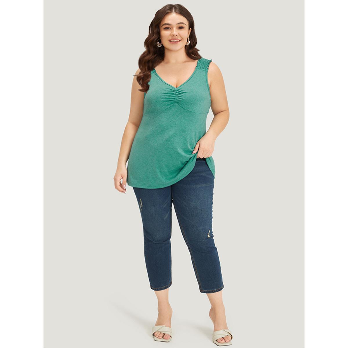 Plus Size Plain V Neck Ruched Shirred Tank Top Women Emerald Elegant Plain V-neck Dailywear Tank Tops Camis BloomChic 22-24/3X Product Image