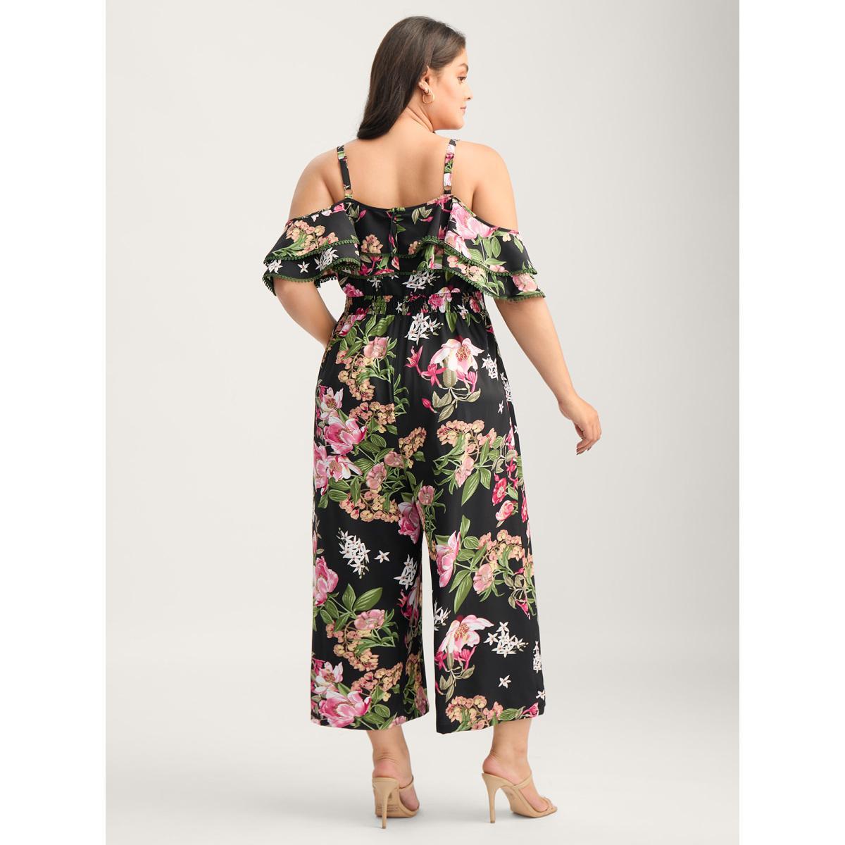 Plus Size Black Floral Print Off-Shoulder Wide-Leg Jumpsuit Women Short sleeve One-shoulder neck Everyday-Elegant Loose Jumpsuits BloomChic 18-20/2X Product Image
