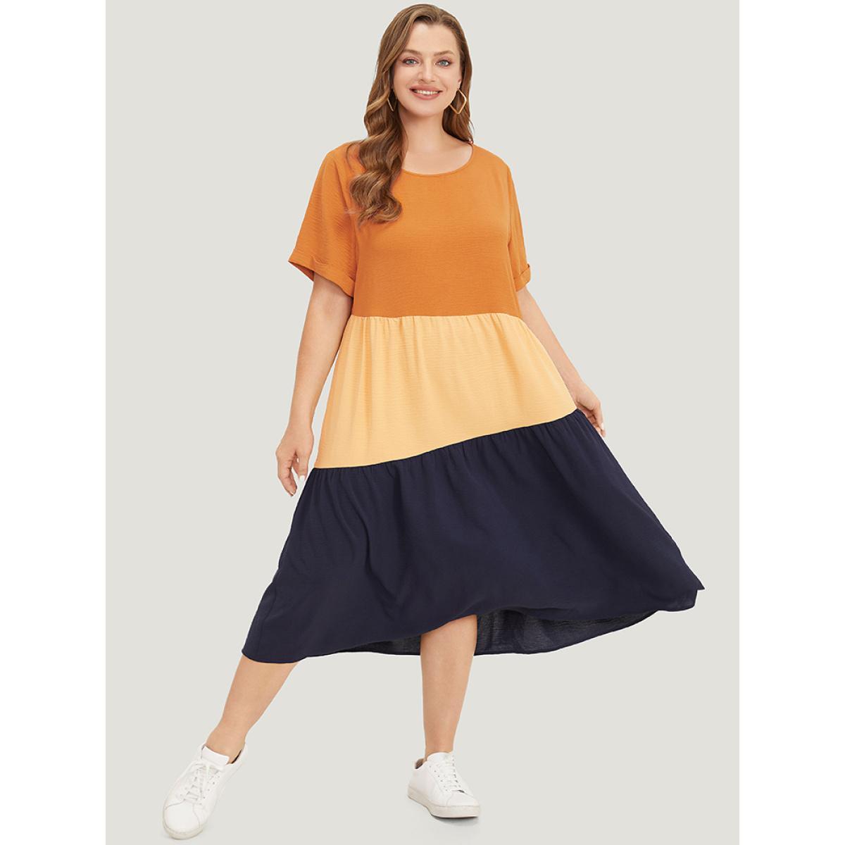 Plus Size Contrast Patchwork Pocket Cuffed Sleeve Dress Multicolor Women Casual Plain Round Neck Short sleeve Curvy Midi Dress BloomChic 22-24/3X Product Image