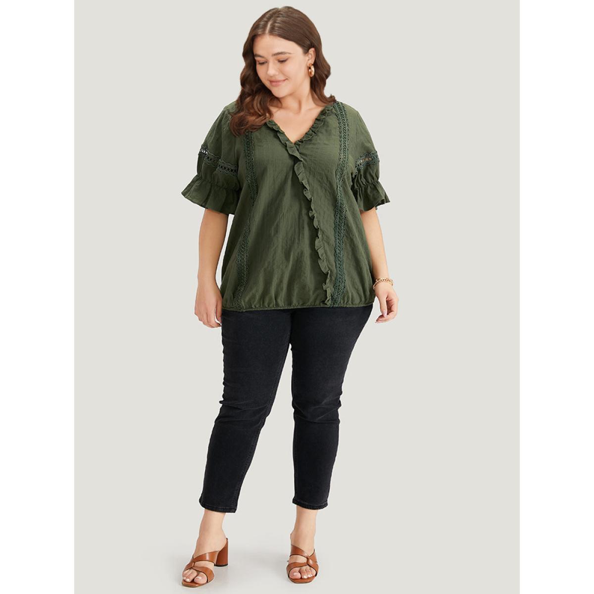 Plus Size ArmyGreen Solid Ruffle Trim Guipure Lace Elastic Hem Blouse Women Vacation Short sleeve V-neck Dailywear Blouses BloomChic 18-20/2X Product Image