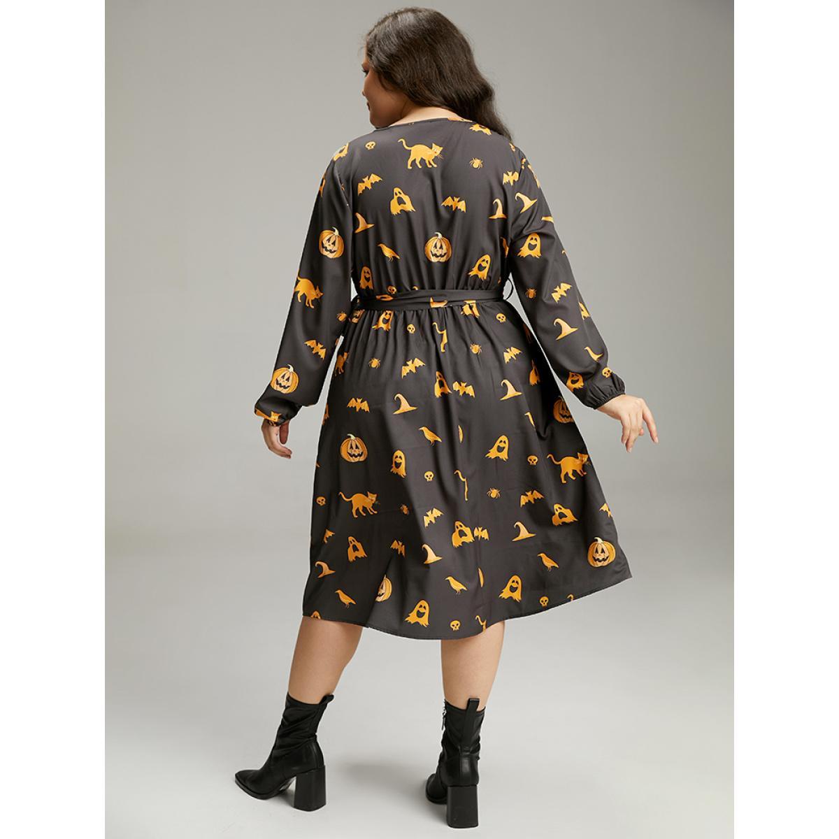 Plus Size Halloween Pumpkin & Bat Print Wrap Lantern Sleeve Dress Black Women Office Elastic cuffs Overlap Collar Long Sleeve Curvy Midi Dress BloomChic 12/L Product Image