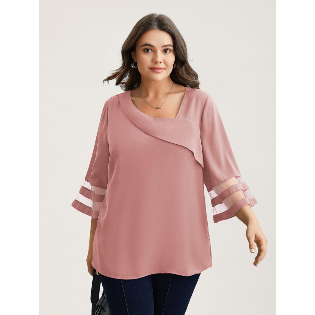 Plus Size Beanpastepowder Sheer Sleeve Patchwork Asymmetrical Neckline Blouse Women At the Office Elbow-length sleeve Asymmetrical Neck Work Blouses BloomChic 30/6X Product Image
