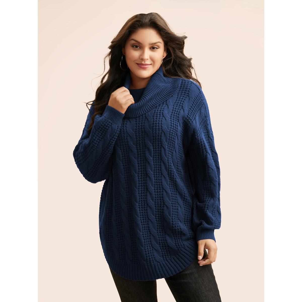 Plus Size Turtleneck Cable Knit Curved Hem Pullover DarkGreen Women Casual Loose Long Sleeve Turtleneck Everyday Pullovers BloomChic 22-24/3X Product Image