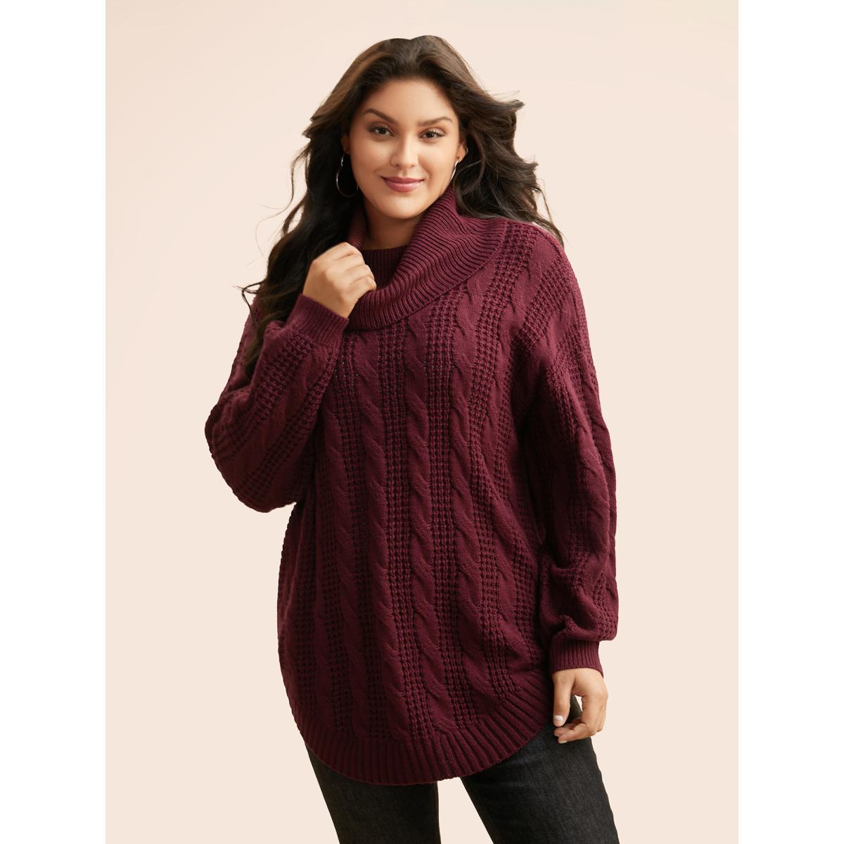 Plus Size Turtleneck Cable Knit Curved Hem Pullover Burgundy Women Casual Loose Long Sleeve Turtleneck Everyday Pullovers BloomChic 12/L Product Image