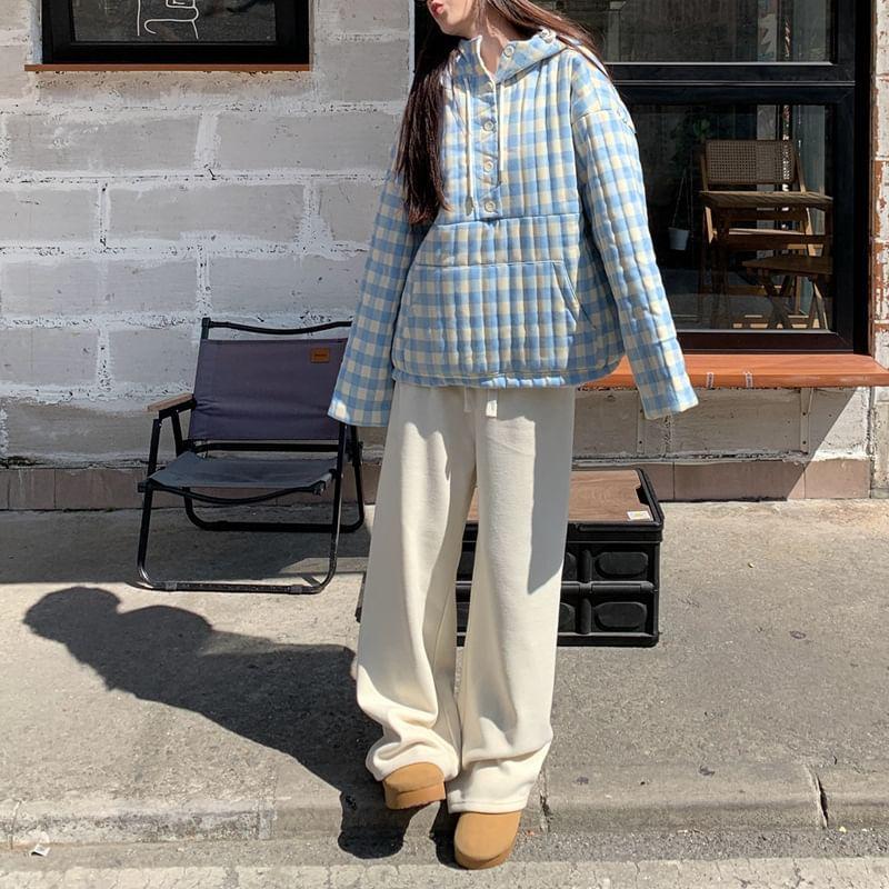 Gingham Drawstring Half-Buttoned Hoodie Product Image