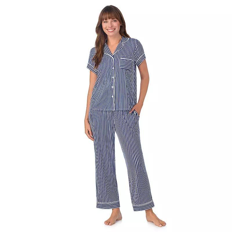 Women's Draper James 2-Piece Printed Cozy Short Sleeve Notch Collar Pajama Top & Pajama Pants Set, Size: Large, Blue Stripe Product Image
