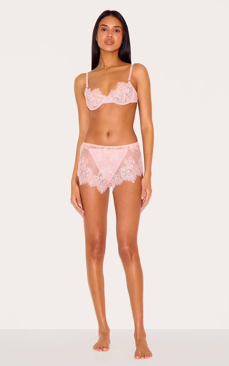 Pink Eyelash Lace Shorts 3 Piece Lingerie Set Product Image