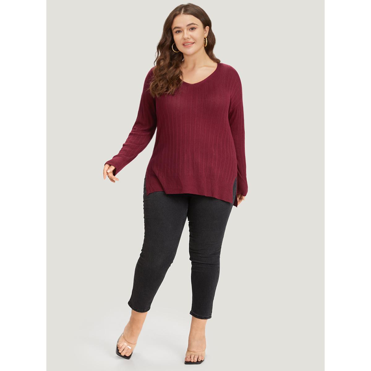 Plus Size Supersoft Essentials Plain Rib Knit Split Side Pullover Burgundy Women Casual Bodycon Long Sleeve Round Neck Dailywear Pullovers BloomChic 14-16/1X Product Image