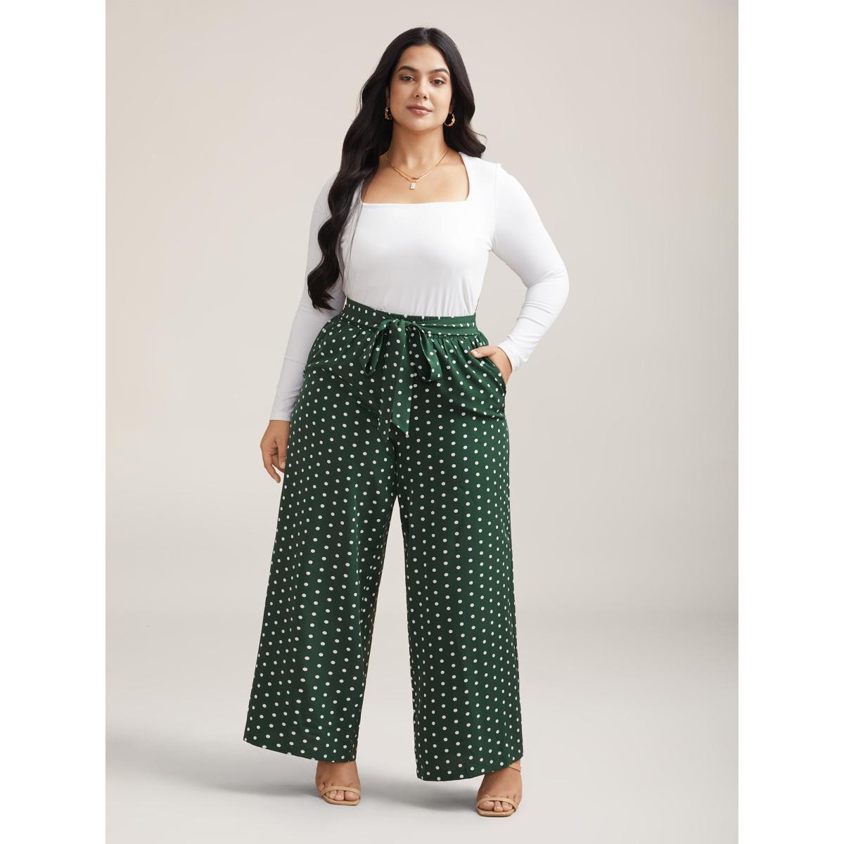 Plus Size Polka Dots Tied Wide Leg Pants Women DarkGreen Elegant Wide Leg Mid Rise Everyday Pants BloomChic 18-20/2X Product Image