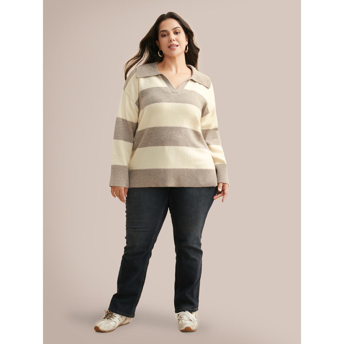 Plus Size Supersoft Essentials Contrast Slit Hem Texture Pullover Tan Women Casual Loose Long Sleeve Polo Everyday Pullovers BloomChic 18-20/2X Product Image