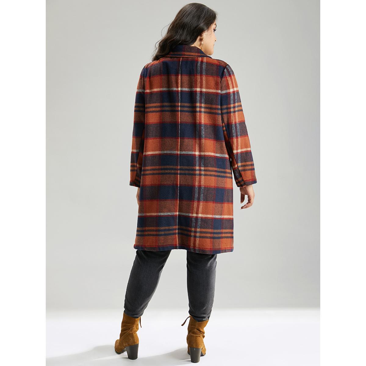 Plus Size Lapel Collar Plaid Pocket Button Up Coat Women OrangeRed Casual Contrast Ladies Dailywear Winter Coats BloomChic 12/L Product Image