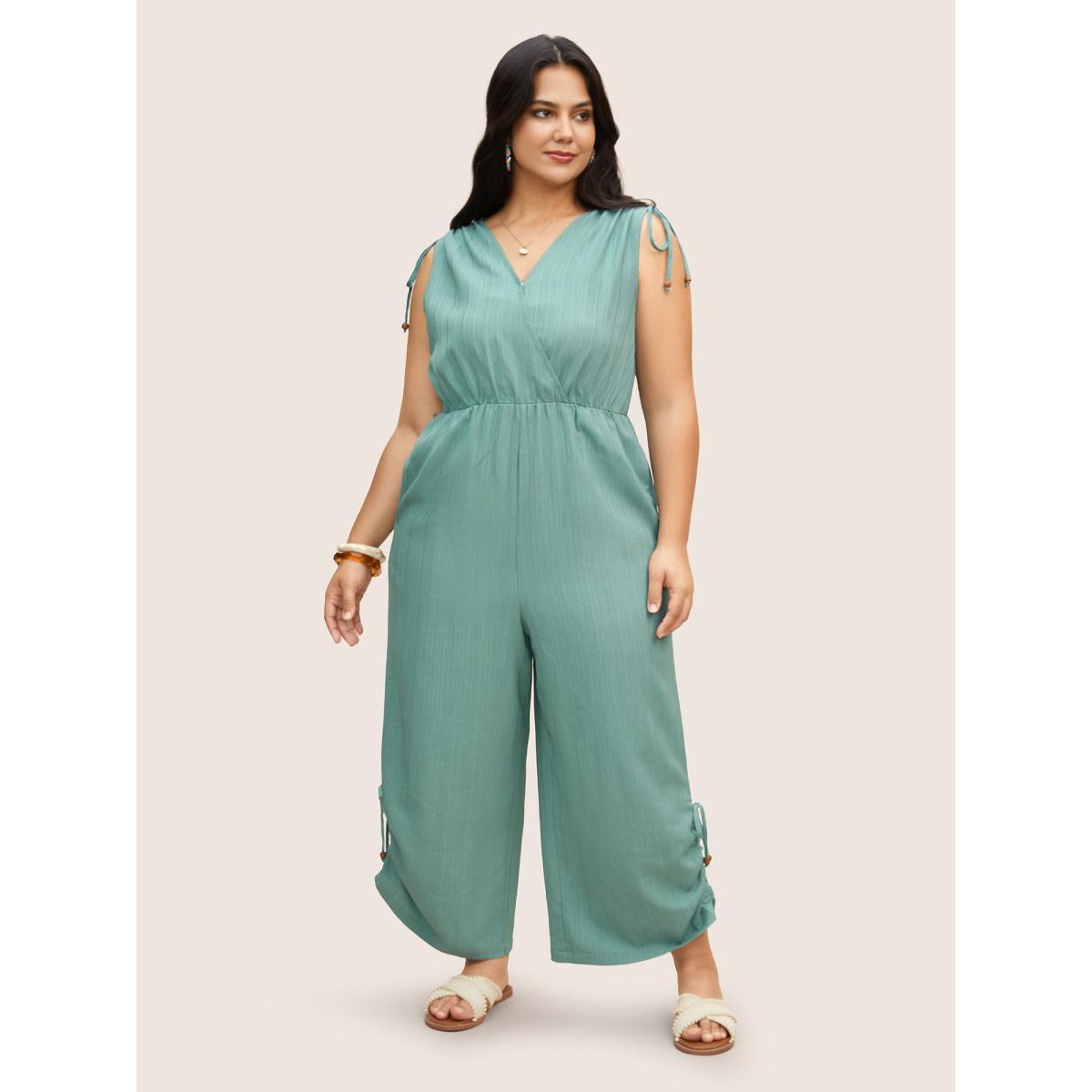Plus Size Teal Plain Textured Surplice Neck Drawstring Jumpsuit Women Resort Sleeveless V-neck Vacation Loose Jumpsuits BloomChic 18-20/2X Product Image