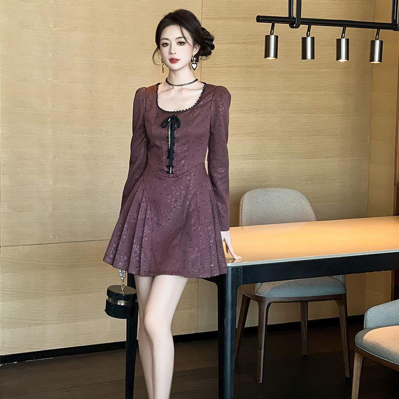 Long-Sleeve Scoop Neck Dotted Jacquard Bow Pleated Mini A-Line Dress Product Image