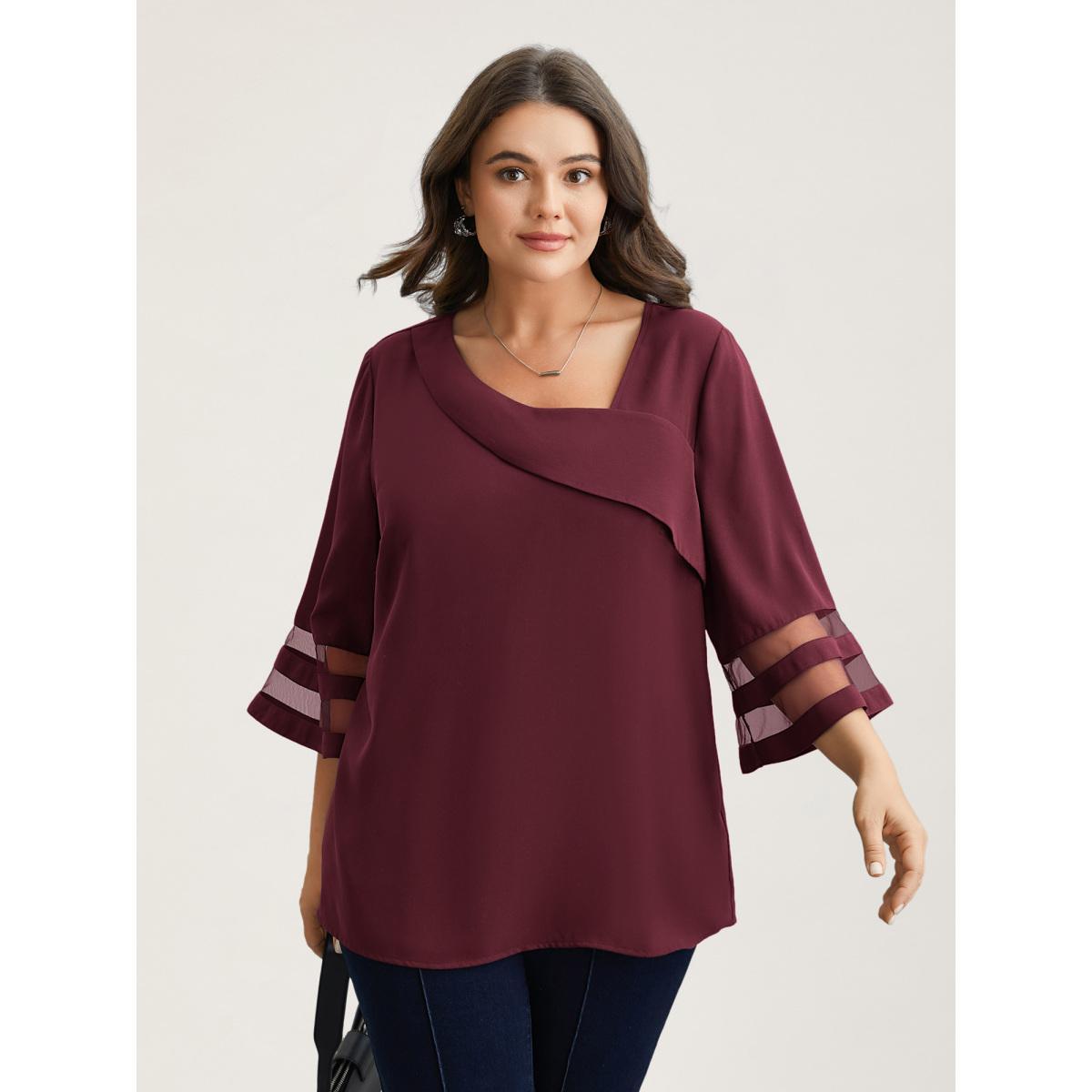 Plus Size DarkGreen Sheer Sleeve Patchwork Asymmetrical Neckline Blouse Women At the Office Elbow-length sleeve Asymmetrical Neck Work Blouses BloomChic 10/M Product Image