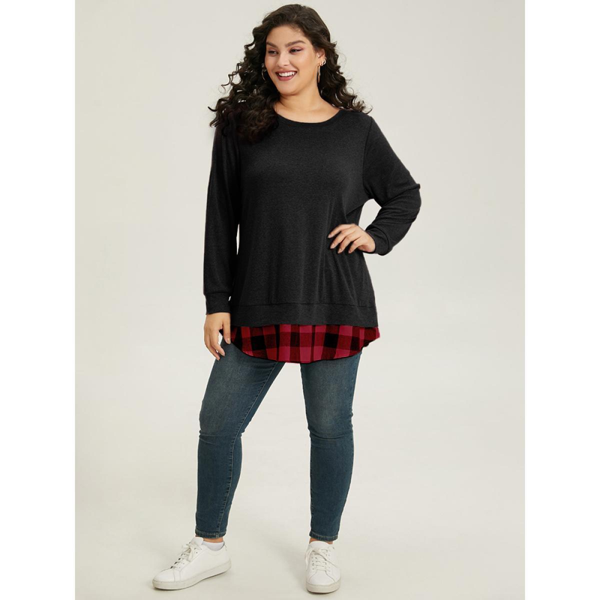 Plus Size Heather Plaid Patchwork Crew Neck T-shirt Black Women Casual Heather Plaid Round Neck Everyday T-shirts BloomChic 10/M Product Image