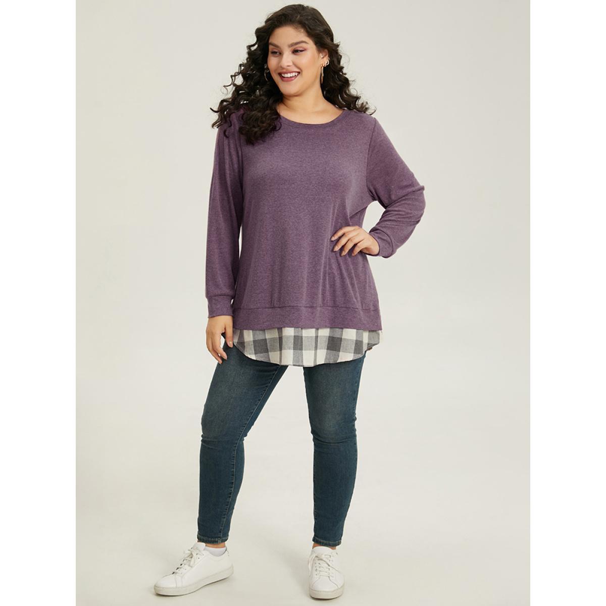 Plus Size Heather Plaid Patchwork Crew Neck T-shirt Purple Women Casual Heather Plaid Round Neck Everyday T-shirts BloomChic 18-20/2X Product Image