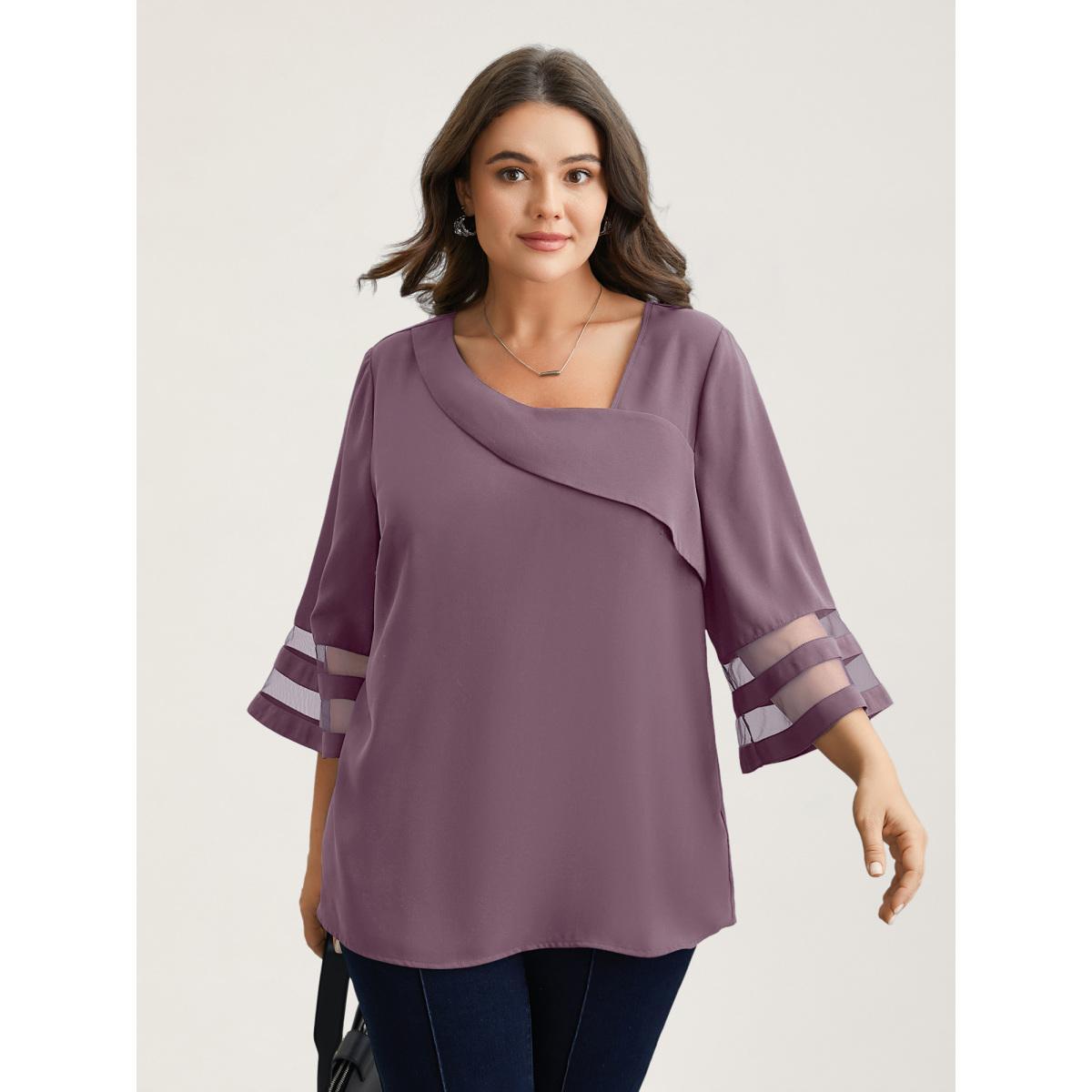 Plus Size Mauve Sheer Sleeve Patchwork Asymmetrical Neckline Blouse Women At the Office Elbow-length sleeve Asymmetrical Neck Work Blouses BloomChic 12/L Product Image