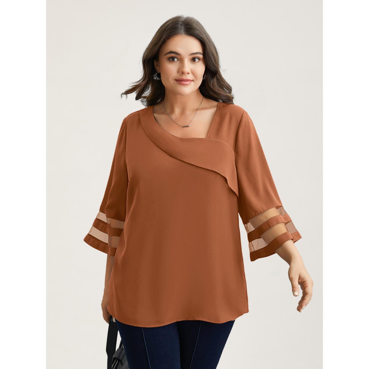 Plus Size Mauve Sheer Sleeve Patchwork Asymmetrical Neckline Blouse Women At the Office Elbow-length sleeve Asymmetrical Neck Work Blouses BloomChic 12/L Product Image
