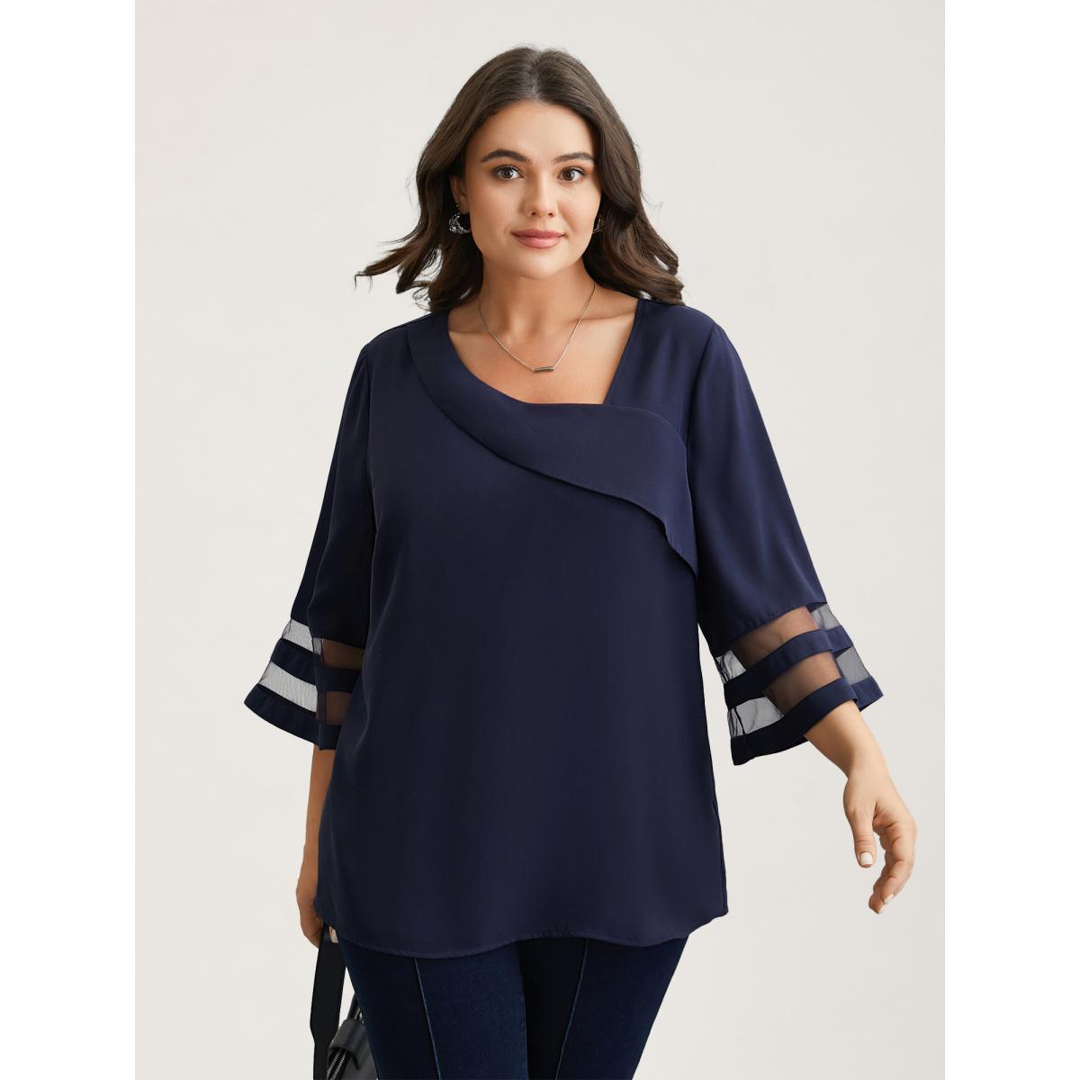 Plus Size Black Sheer Sleeve Patchwork Asymmetrical Neckline Blouse Women At the Office Elbow-length sleeve Asymmetrical Neck Work Blouses BloomChic 10/M Product Image