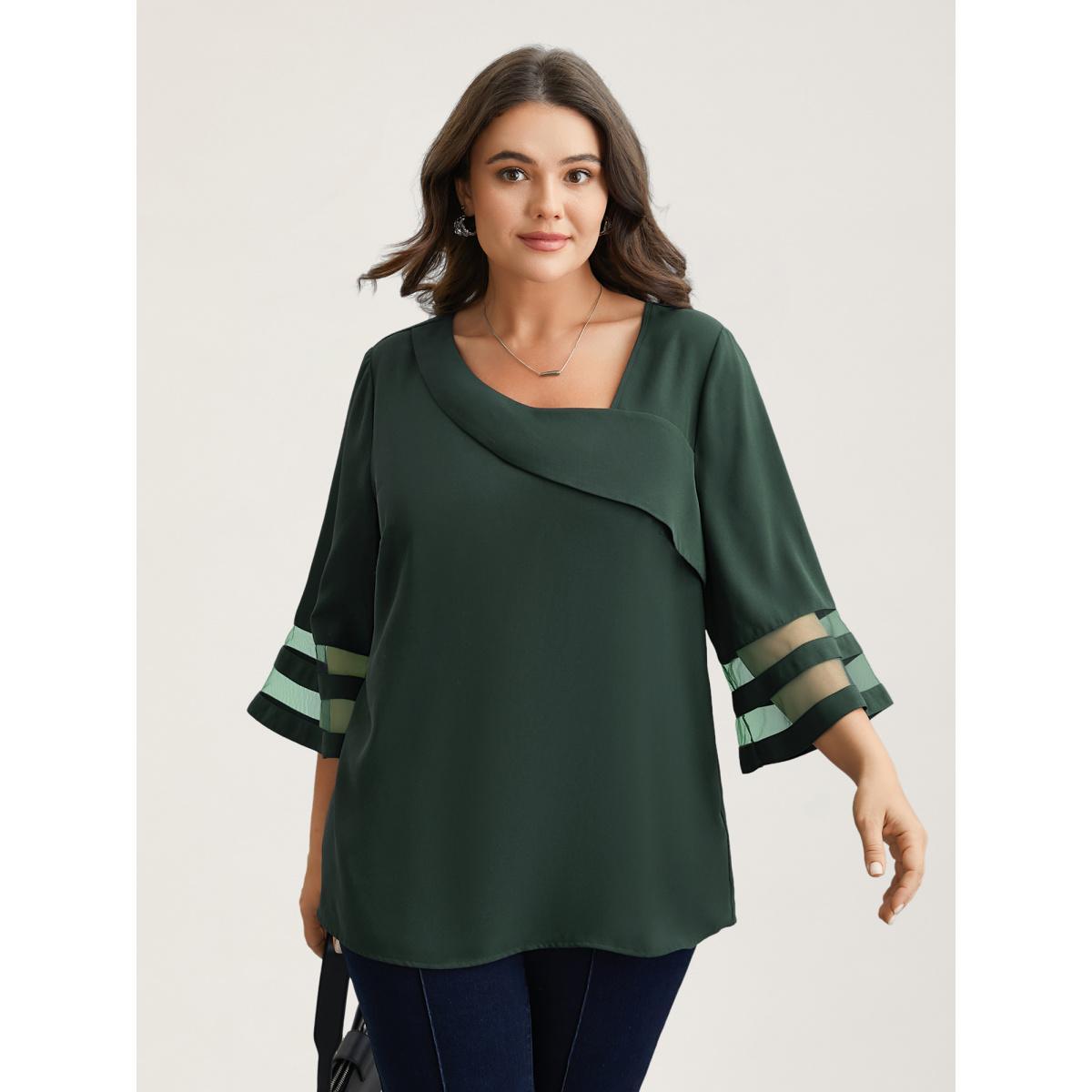 Plus Size DarkGreen Sheer Sleeve Patchwork Asymmetrical Neckline Blouse Women At the Office Elbow-length sleeve Asymmetrical Neck Work Blouses BloomChic 10/M Product Image