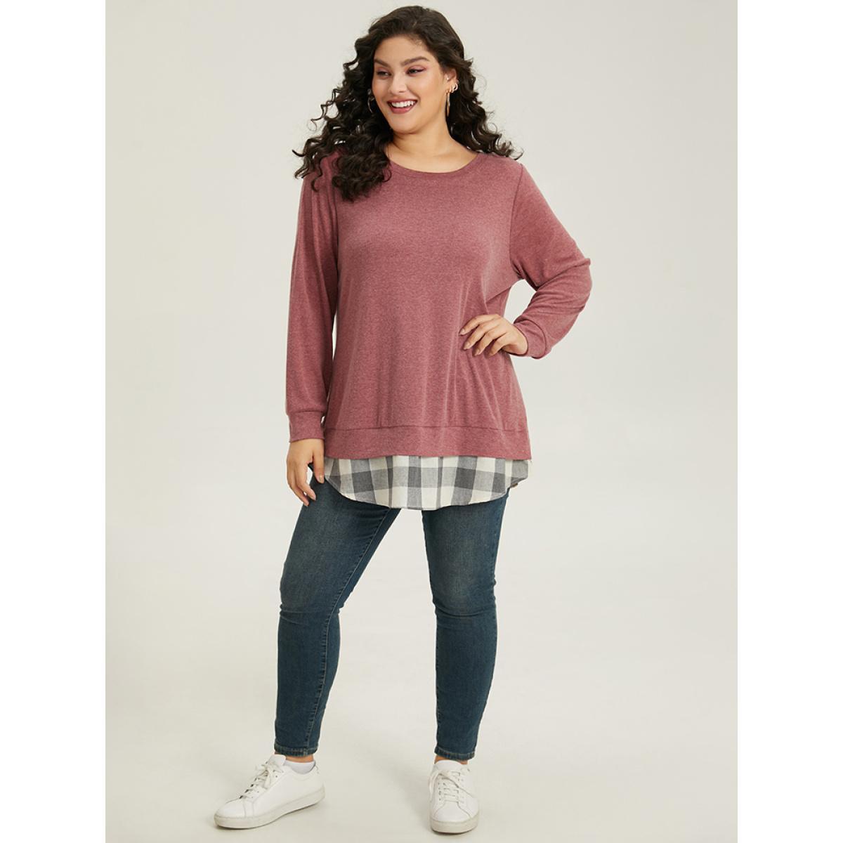 Plus Size Heather Plaid Patchwork Crew Neck T-shirt Russet Women Casual Heather Plaid Round Neck Everyday T-shirts BloomChic 12/L Product Image