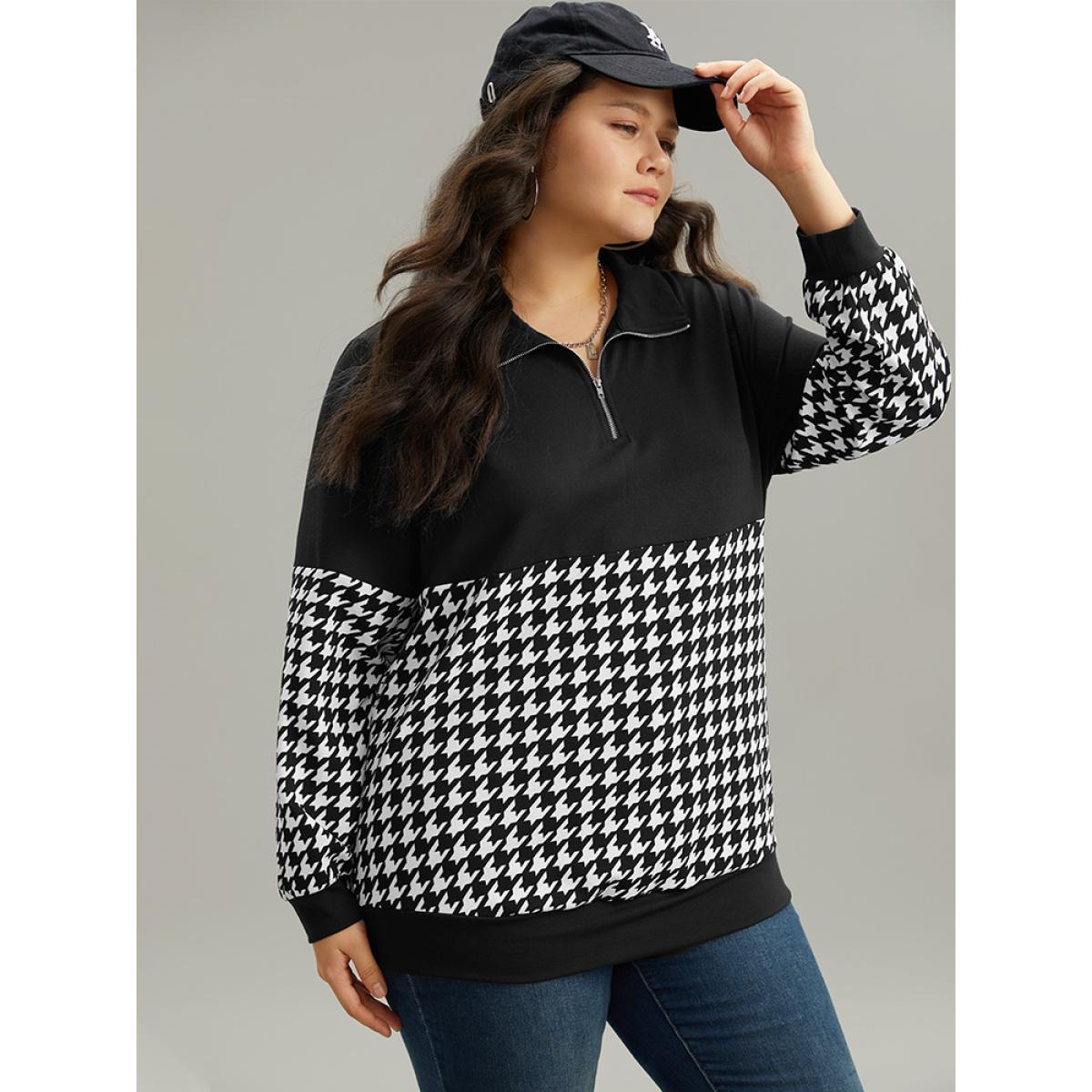 Plus Size Houndstooth Patchwork Half Zip Sweatshirt Women Black Casual Elastic cuffs Polo Dailywear Sweatshirts BloomChic 18-20/2X Product Image