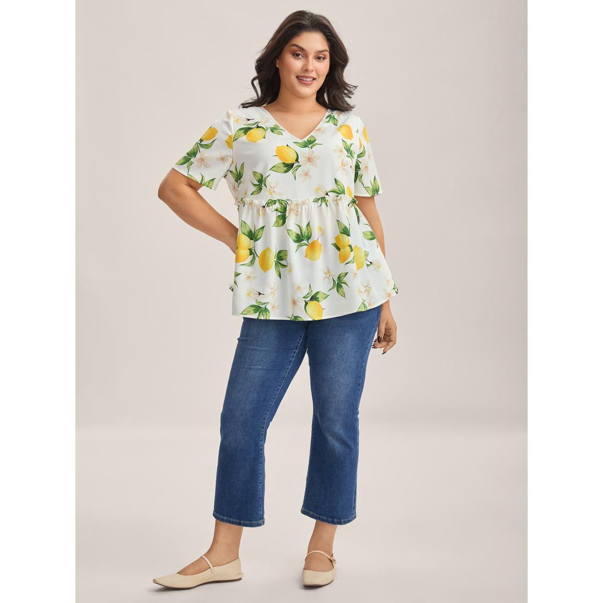 Plus Size WhiteSmoke Citrus Print Petal Trim Blouse Women Short sleeve V-neck Everyday-Casual Blouses BloomChic 30/6X Product Image