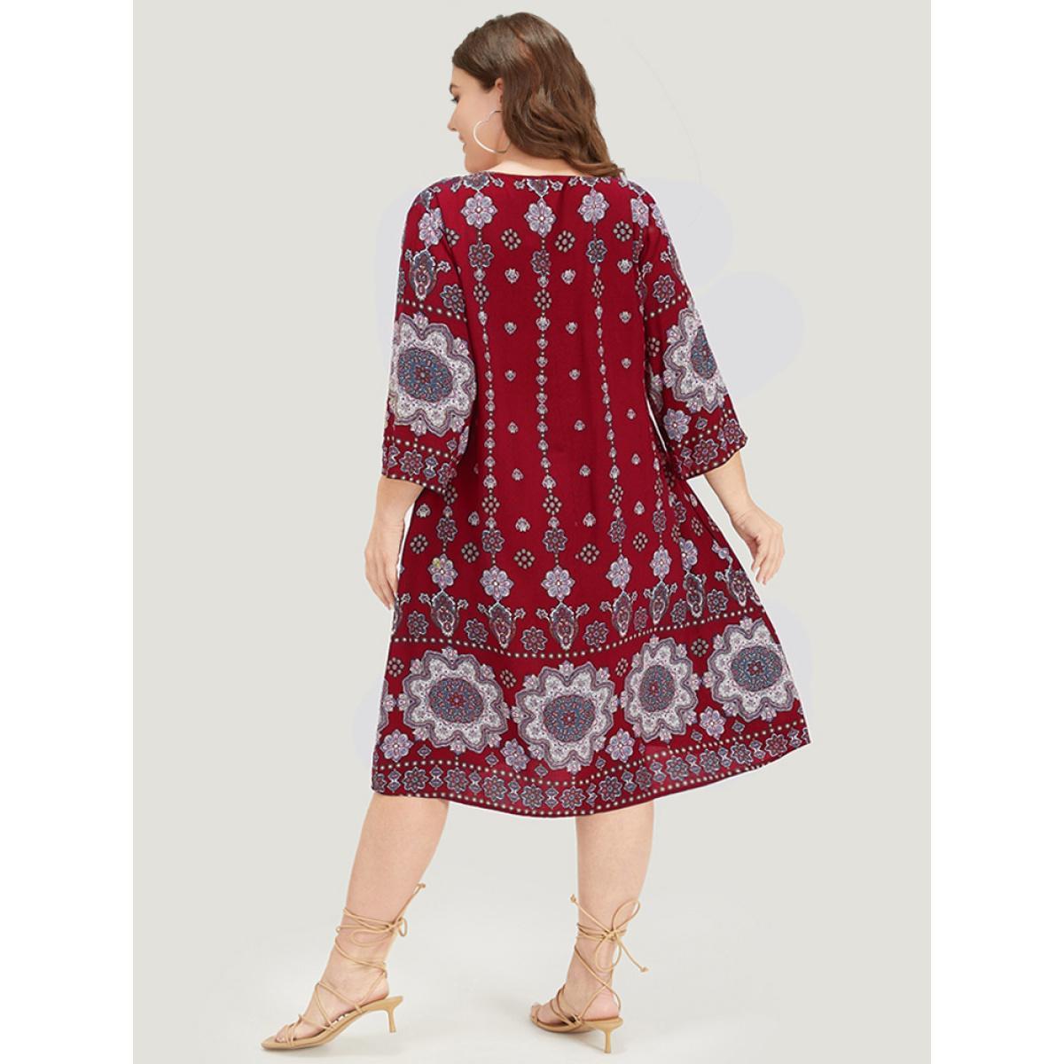 Plus Size Bandana Print Ties Pocket Tassels Detail Dress Scarlet Women Vacation Tassels V-neck Elbow-length sleeve Curvy Midi Dress BloomChic 26/4X Product Image