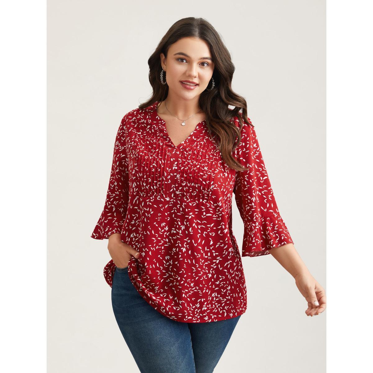 Plus Size Raspberry Toothpick Pleat Floral Notched Collar Shirt Women Elegant Elbow-length sleeve Notched collar Everyday Blouses BloomChic 18-20/2X Product Image