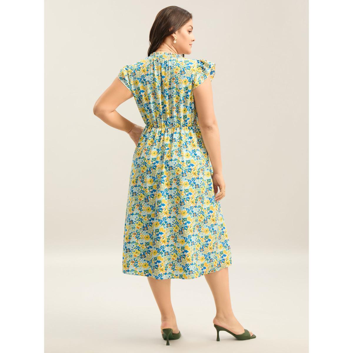 Plus Size Floral Print Shirred Pockets Midi Dress Skyblue Women Elegant Frill Trim Mock Neck Cap Sleeve Curvy BloomChic 26/4X Product Image