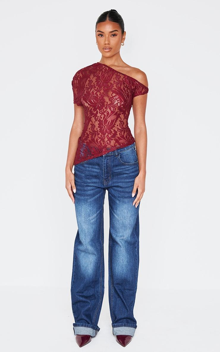 Burgundy Lace Detail Asymmetric Longline Top Product Image