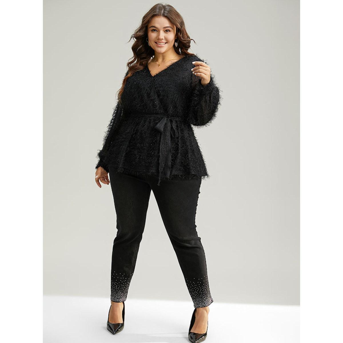 Plus Size Black Solid Tassel Mesh Patchwork Belted Wrap Blouse Women Glamour Long Sleeve Overlap Collar Festival-Christmas Blouses BloomChic 12/L Product Image