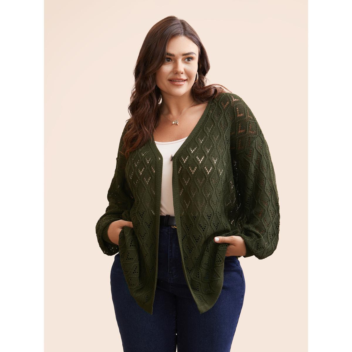 Plus Size Texture Button Up Hollow Out Cardigan ArmyGreen Women Casual Loose Three Quater Length Sleeve Everyday Cardigans BloomChic 26/4X Product Image