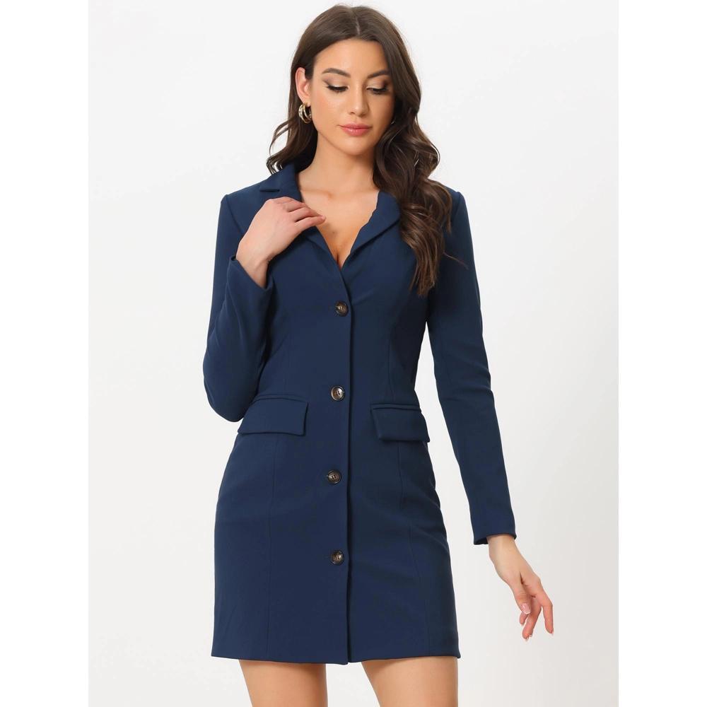 INSPIRE CHIC Women's Casual Notched Lapel Collar Office Work Blazer Dress Dark Blue Large Product Image