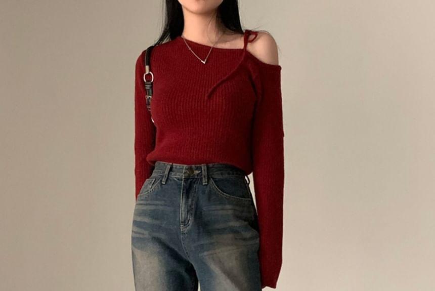 Long-Sleeve Cold-Shoulder Plain Ribbed Knit Top Product Image