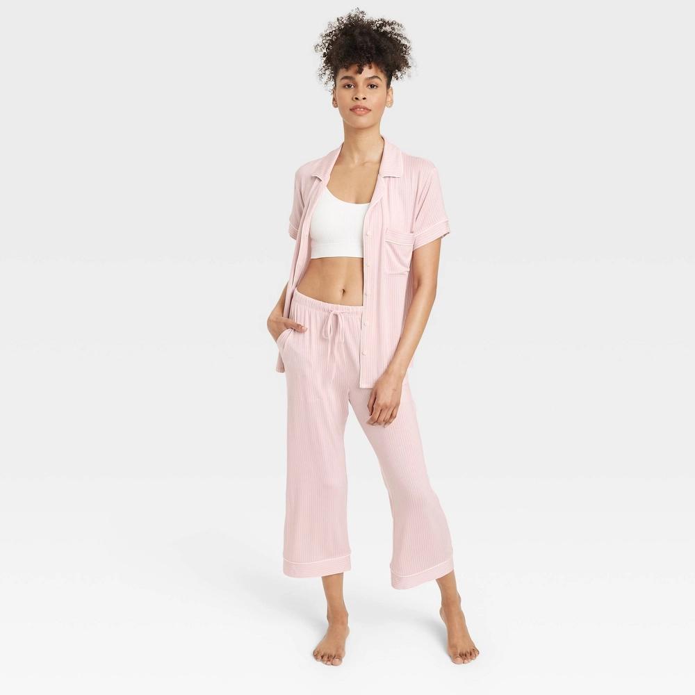 Women's Cloud Knit Short Sleeve Notch Collar Top and Cropped Pants Pajama Set - Auden™ /Striped XS: Modal Blend, Elastic Waistband Product Image