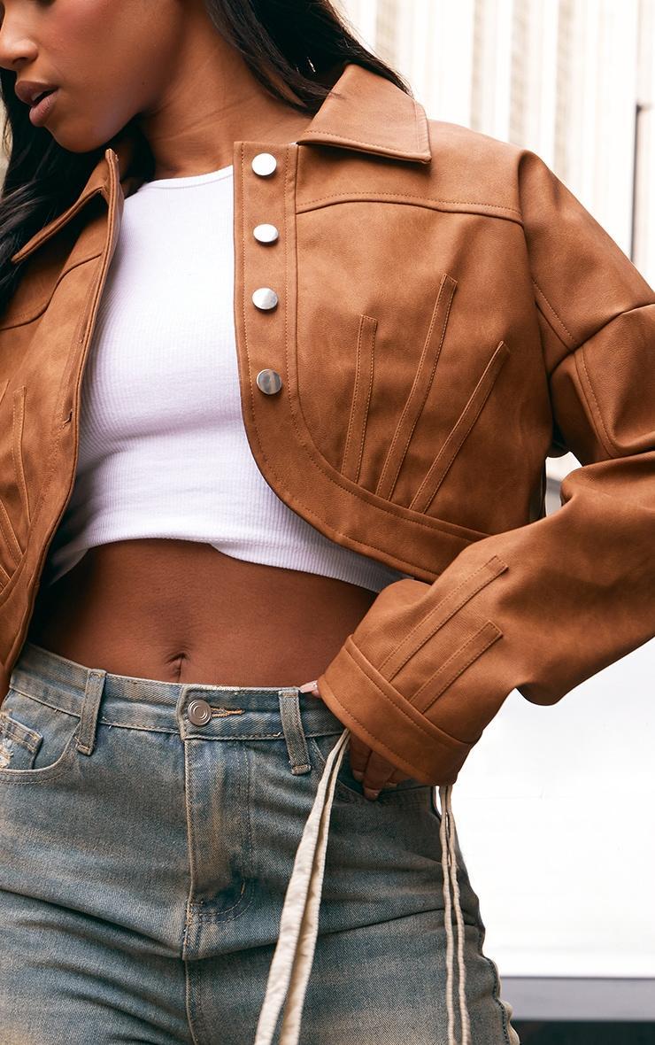 Brown Faux Leather Western Detail Curved Hem Jacket Product Image