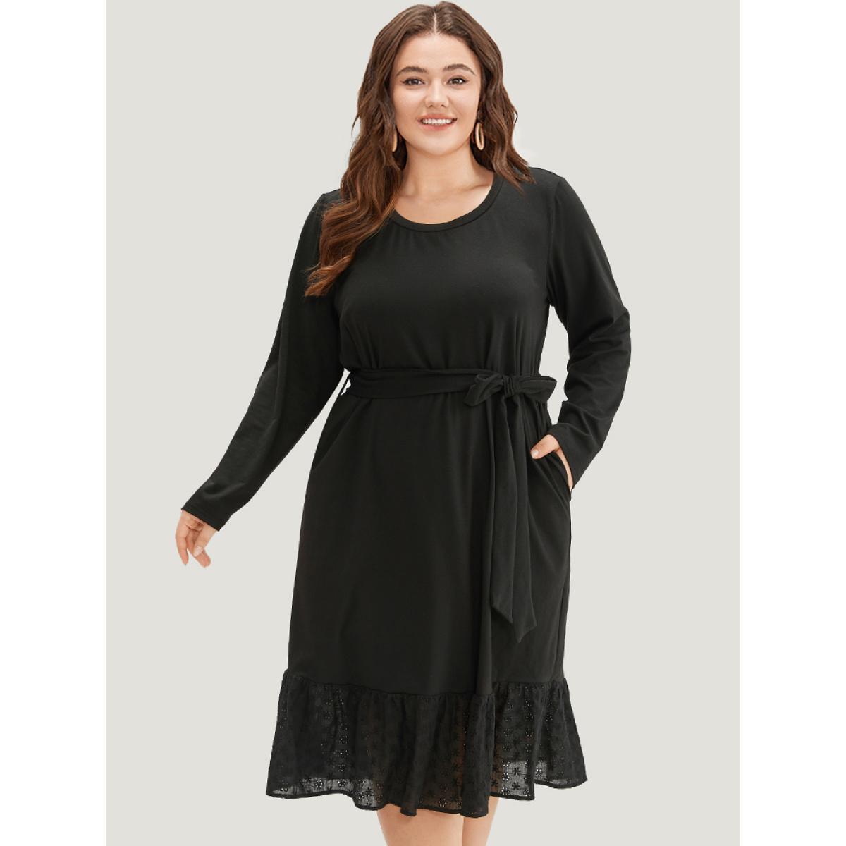 Plus Size Broderie Anglaise Round Neck Belted Flutter Hem Dress Black Women Casual Plain Round Neck Long Sleeve Curvy Midi Dress BloomChic 18-20/2X Product Image