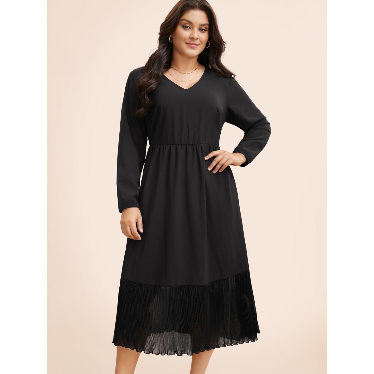 Plus Size Mesh Patchwork Lantern Sleeve Pleated Dress Black Women Elegant See through V-neck Long Sleeve Curvy BloomChic 18-20/2X Product Image