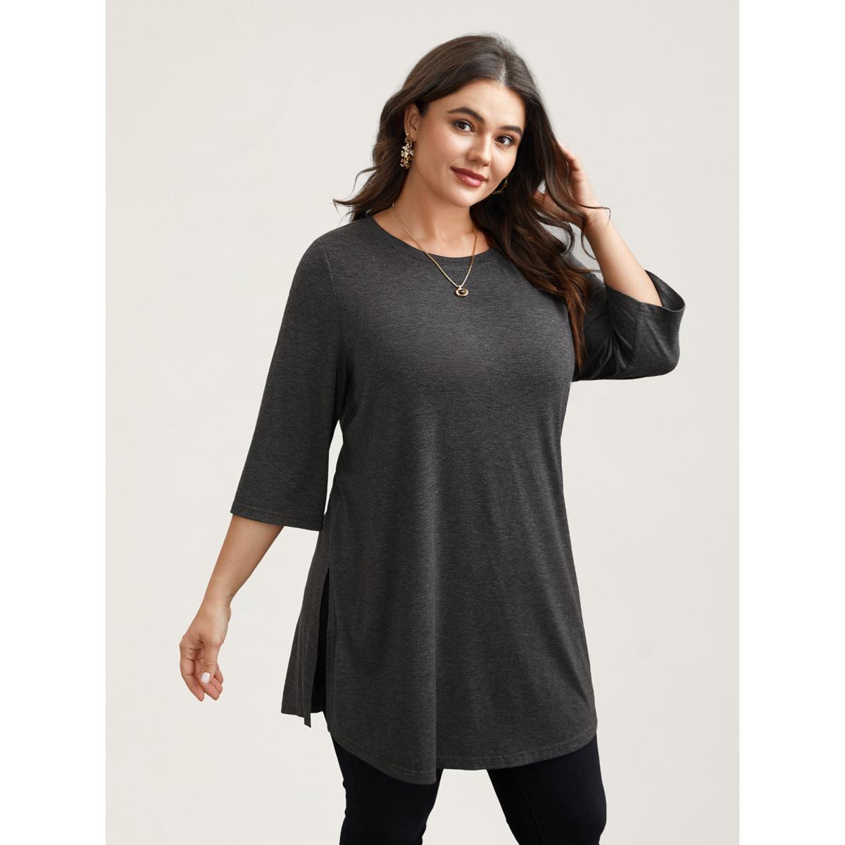 Plus Size Solid Slit Round Neck Tunic T-Shirt DimGray Women Casual Slit Round Neck Loose Everyday T-shirts BloomChic 22-24/3X Product Image