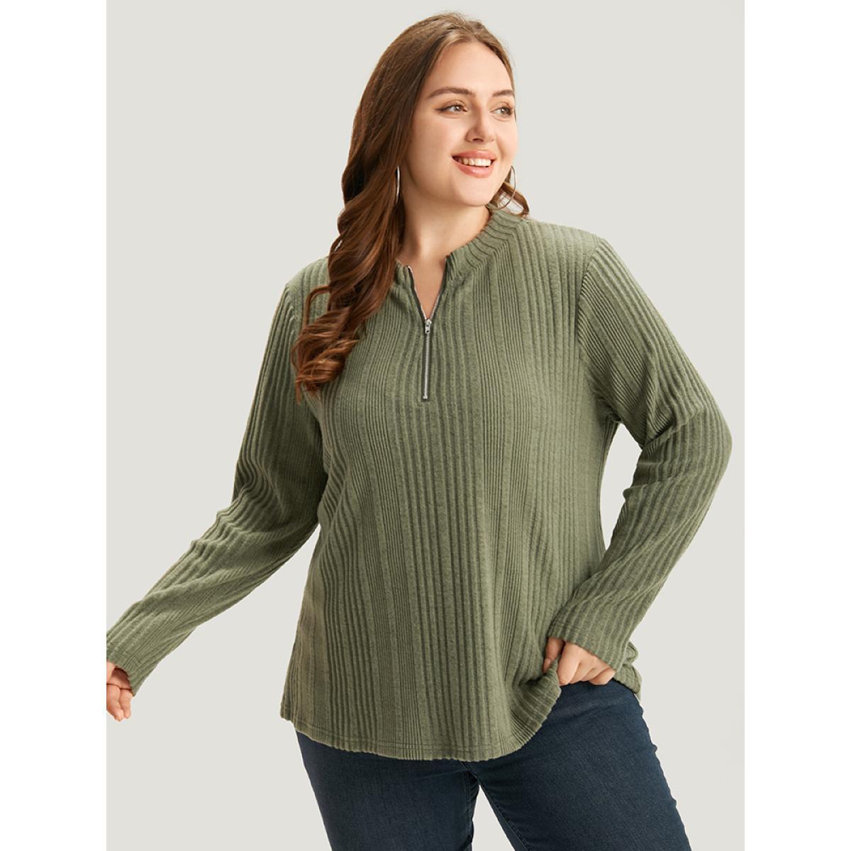 Plus Size Plain Rib Knit Half Zip T-shirt Green Women Casual Texture Plain Open Front Dailywear T-shirts BloomChic 10/M Product Image