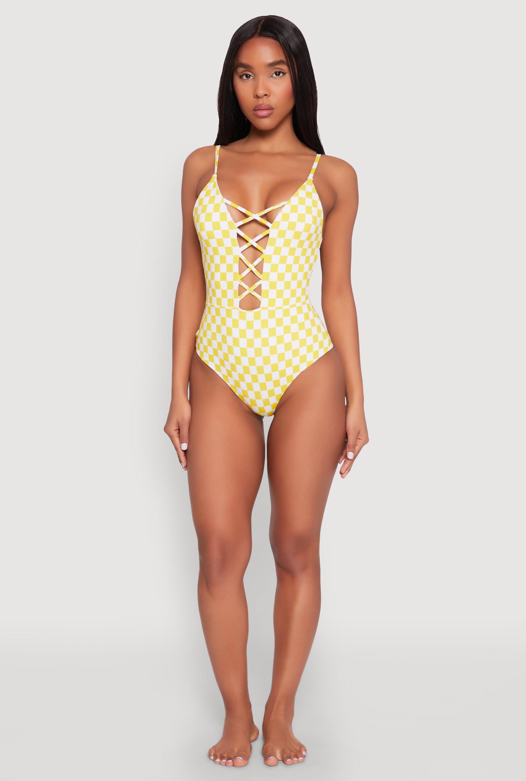 Womens Checkered Print Caged Front One Piece Swimsuit Product Image