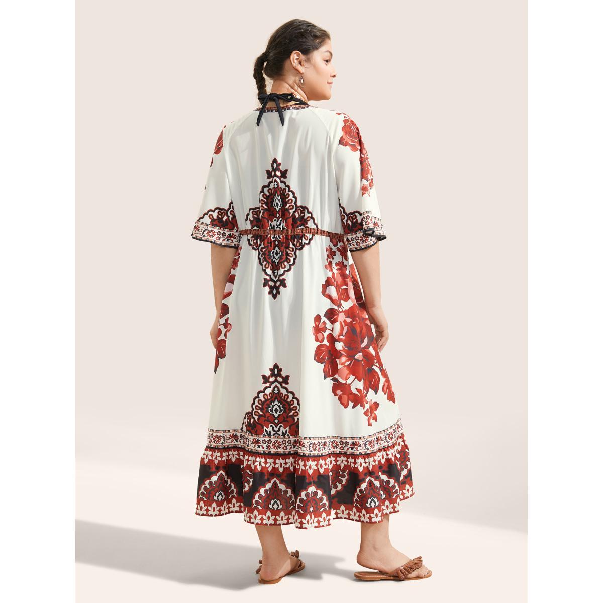 Plus Size Boho Print Ties Raglan Sleeve Flutter Hem Kimono Women White Resort Cross straps Vacation Kimonos BloomChic 12/L Product Image