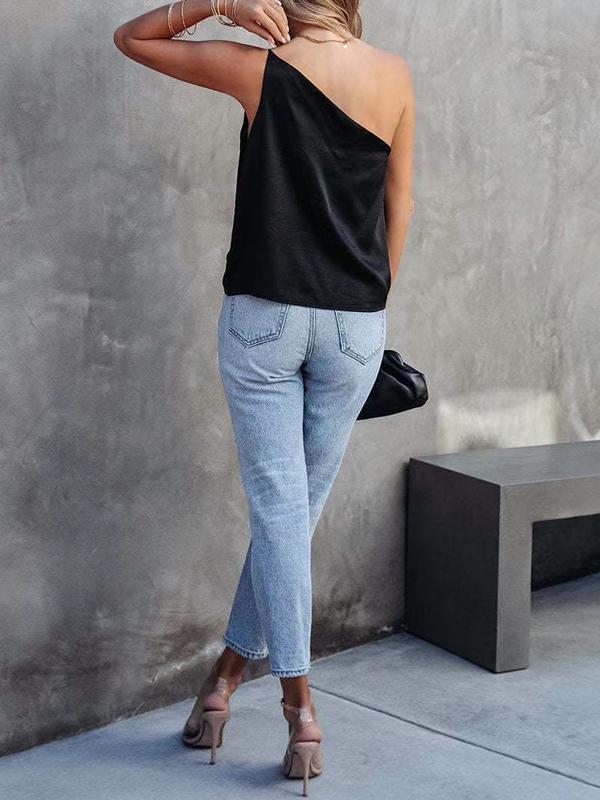 Loose Sleeveless Asymmetric Solid Color One-Shoulder Vest Top Product Image