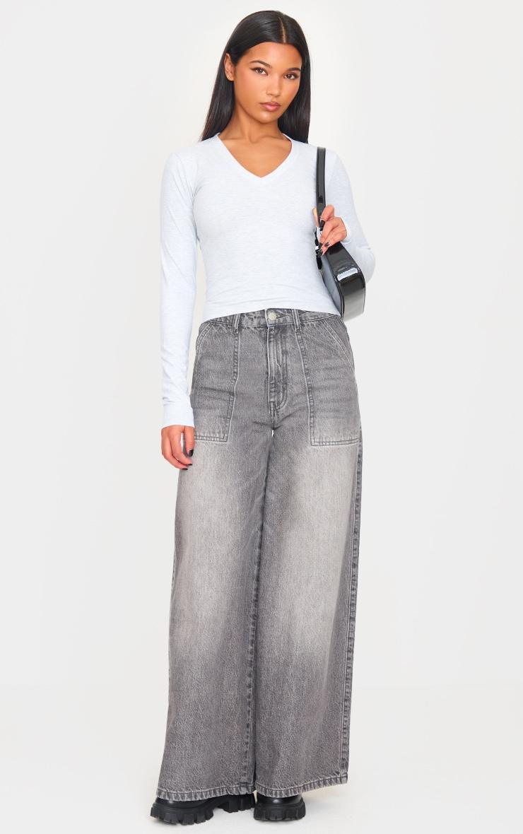 Ash Grey Sculpt V Neck Long Sleeve Top Product Image