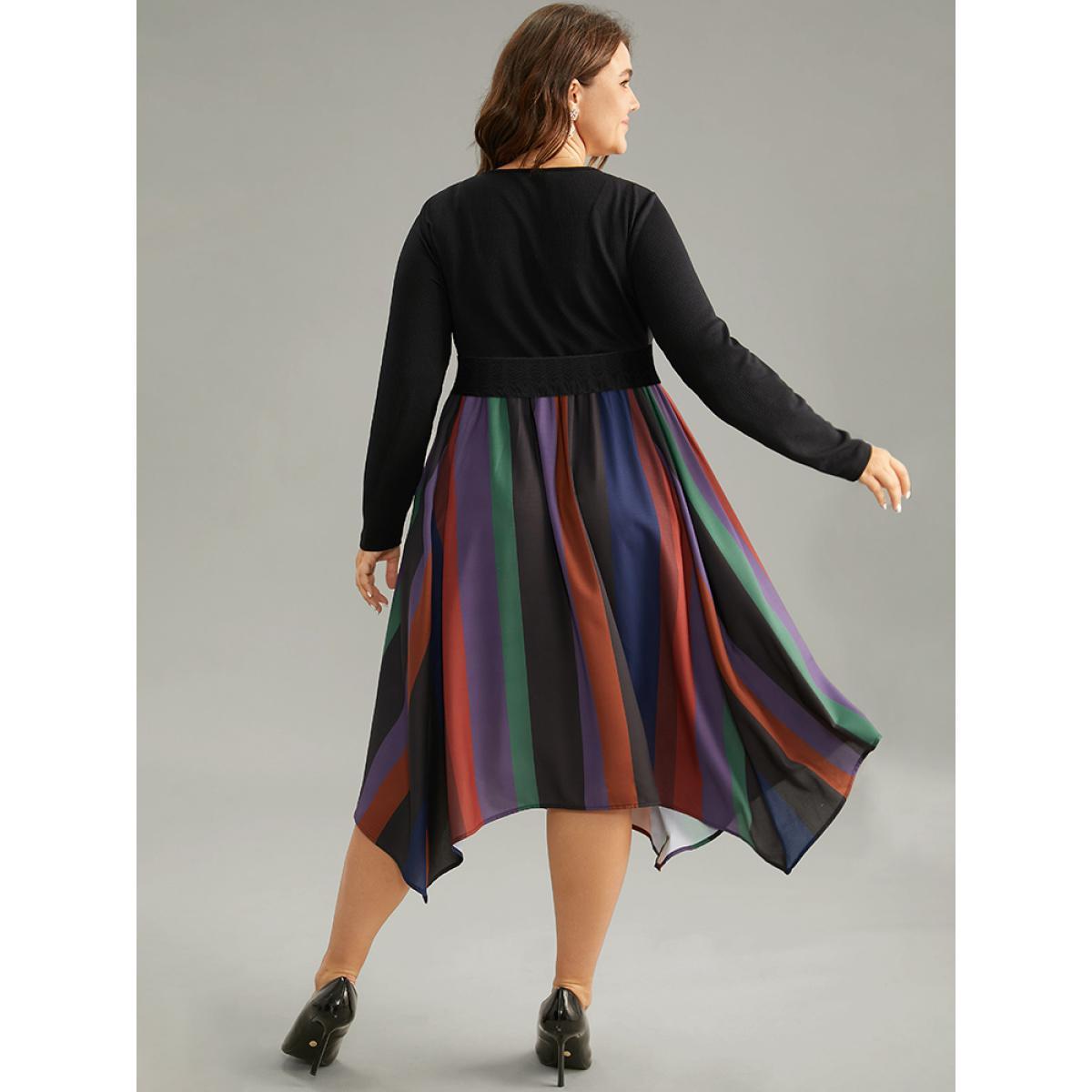 Plus Size Striped Colorblock Contrast Pocket Elastic Waist Dress Multicolor Women Office Patchwork Round Neck Long Sleeve Curvy Midi Dress BloomChic 22-24/3X Product Image